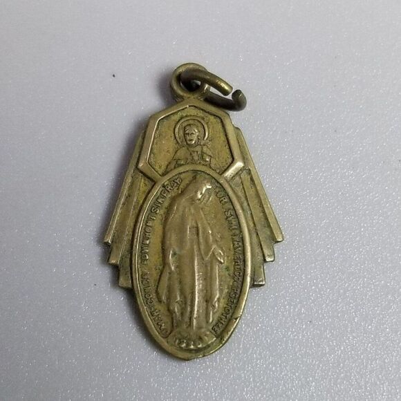 Vintage Mary Pray For Us Oval Bronze Tone Pendant Charm Medallion, Estate - Picture 2 of 8
